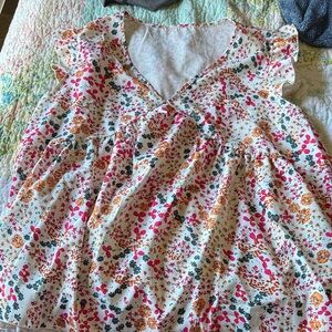 Women’s Floral Flutter-Sleeve V-Neck Top - White with Pink & Orange